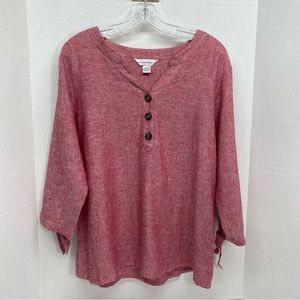 Christopher & Banks Large Linen Blend Popover Top 3/4 Sleeve V neck Lagenlook